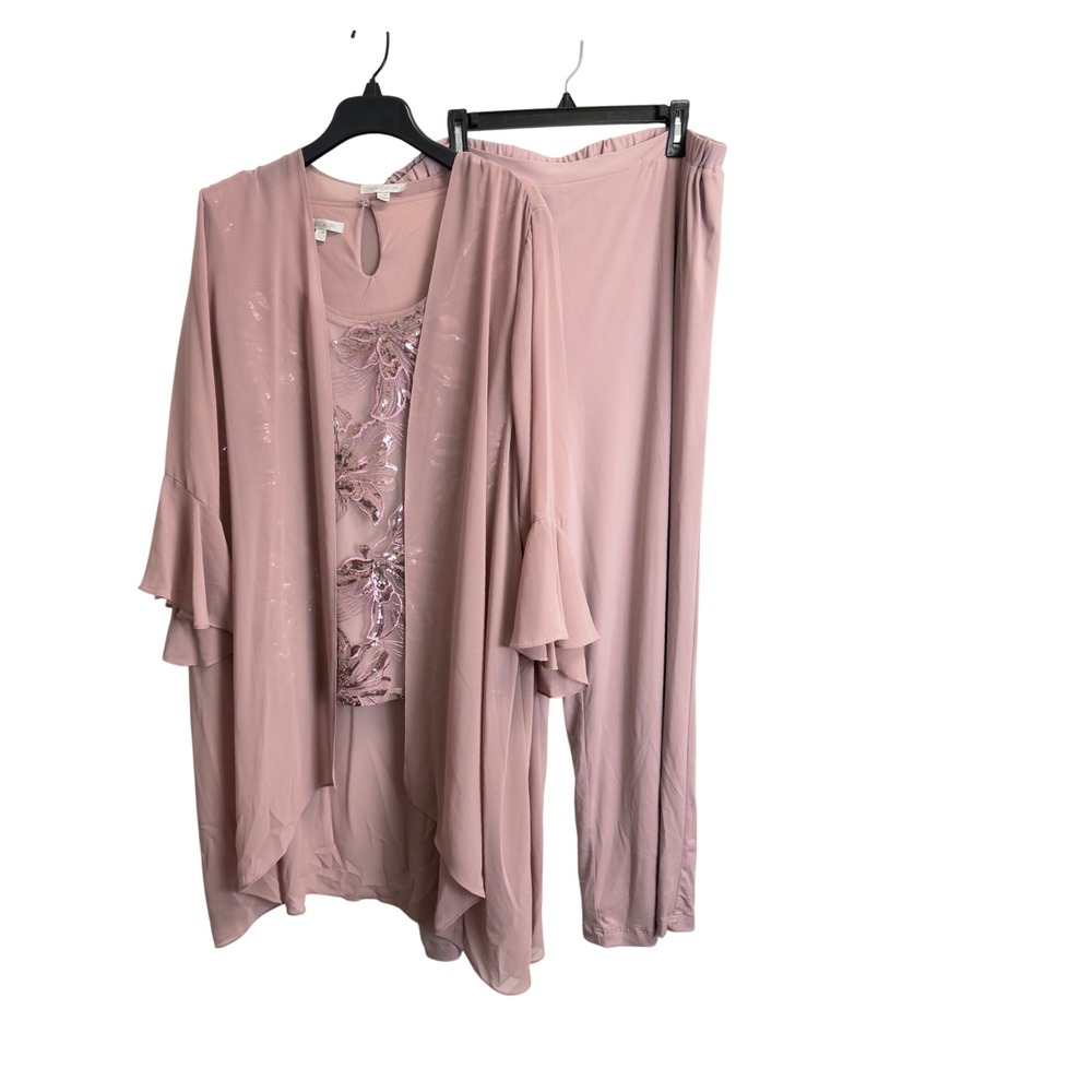 Oleg Cassini Women 22W Dusty Rose 3 Piece Sequin Floral Pant Set Wedding Formal